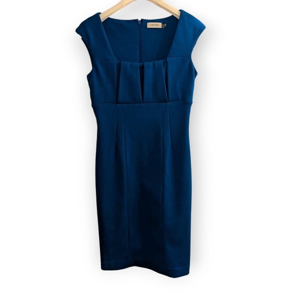 Calvin Klein Dresses & Skirts - Calvin Klein Size 4 Blue Cap Sleeve Stylish Pleat Neck Dress Women Modern Cut